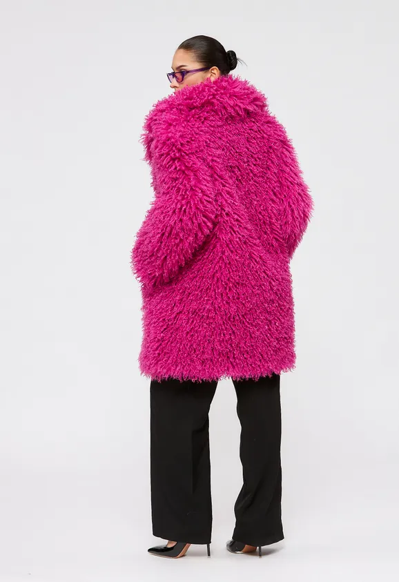 Фото Шуба из эко ламы фуксия с английским воротником - 5
