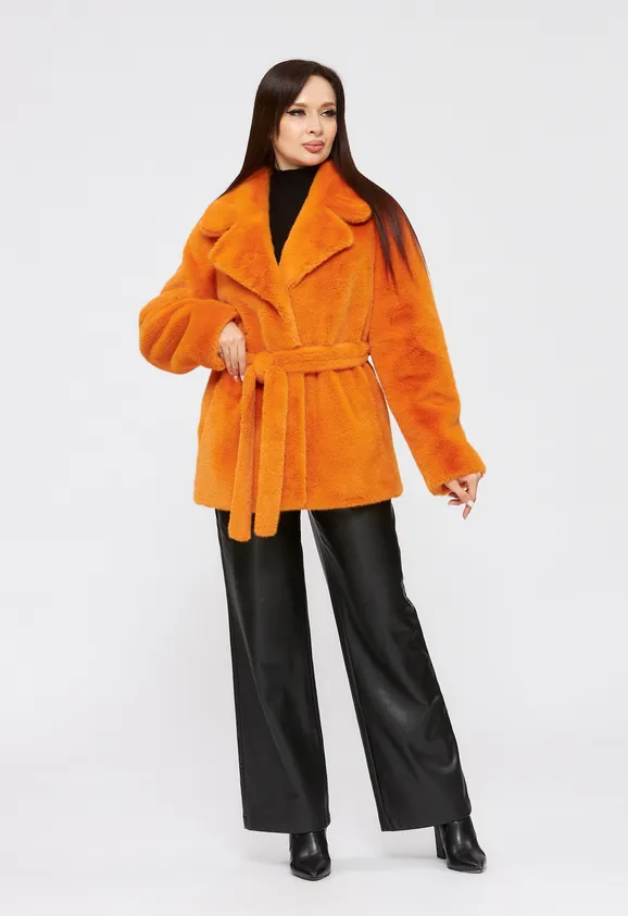 Фото Шуба из эко норки оранжевая с английским воротником - 4
