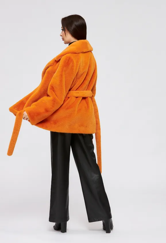 Фото Шуба из эко норки оранжевая с английским воротником - 3