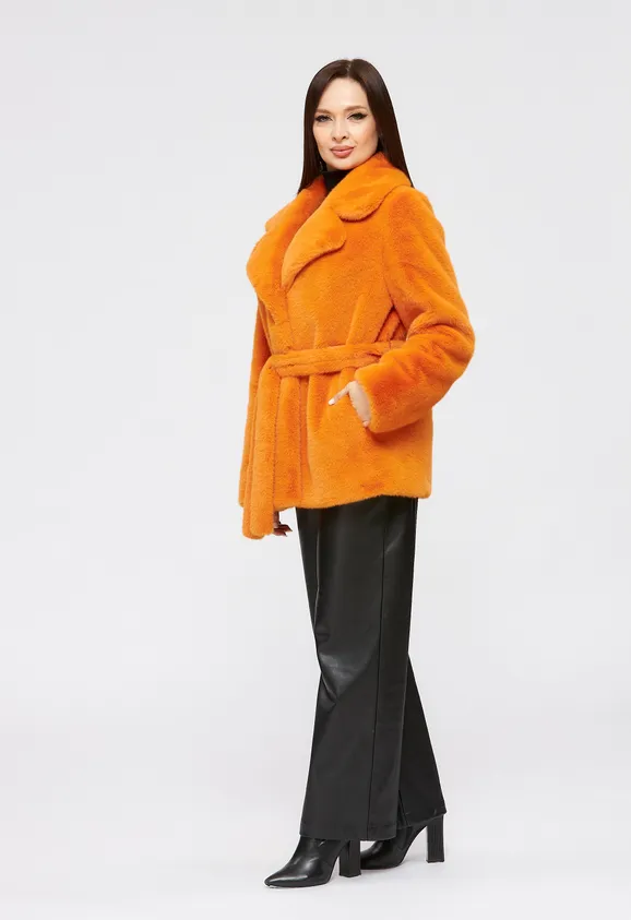 Фото Шуба из эко норки оранжевая с английским воротником - 7