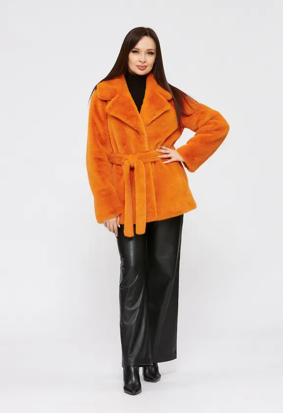 Фото Шуба из эко норки оранжевая с английским воротником - 2