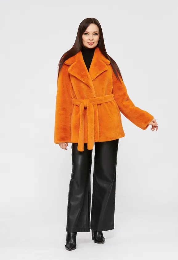 Фото Шуба из эко норки оранжевая с английским воротником - 8