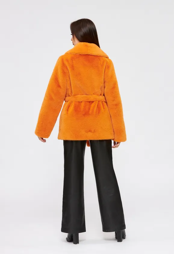 Фото Шуба из эко норки оранжевая с английским воротником - 6
