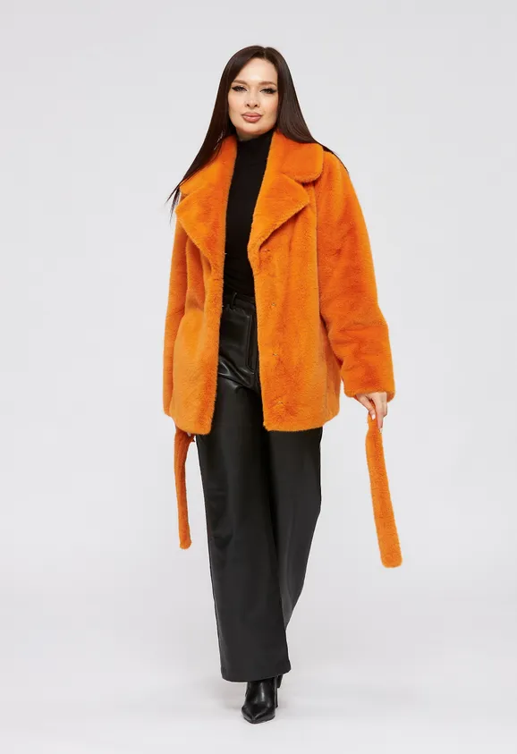 Фото Шуба из эко норки оранжевая с английским воротником - 1