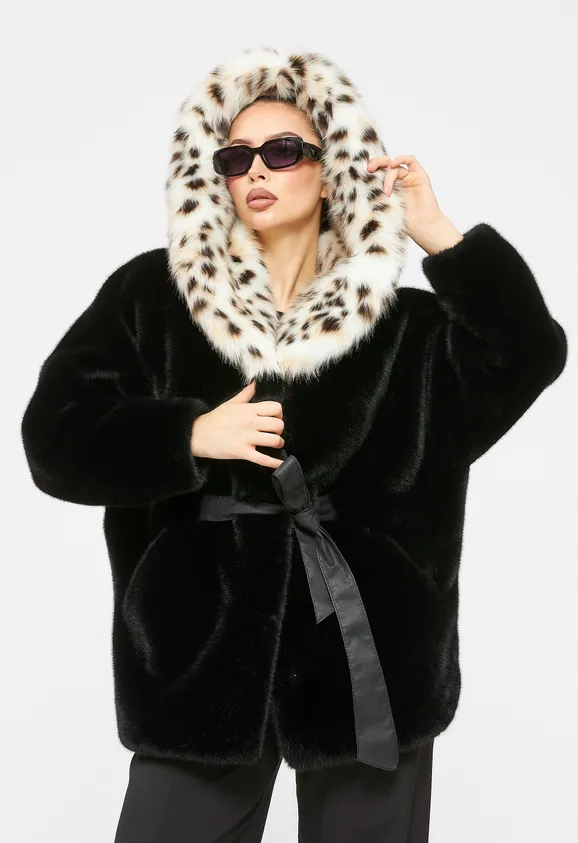 Фото Шуба из эко норки черная с капюшоном из эко рыси - 6