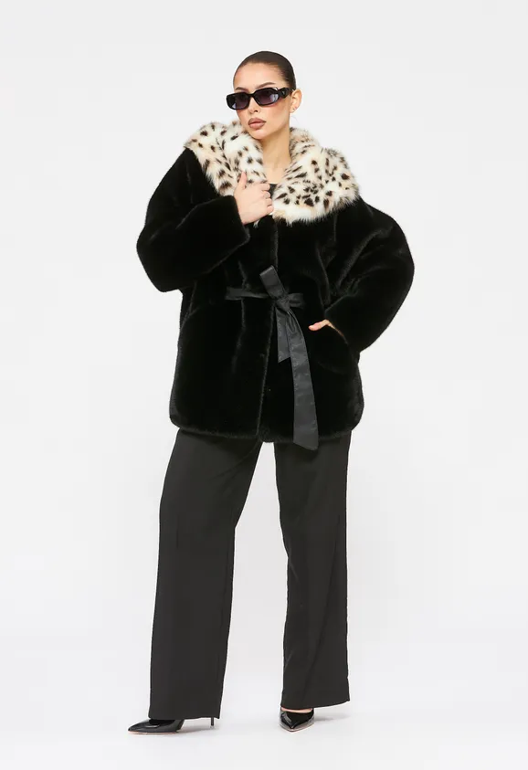 Фото Шуба из эко норки черная с капюшоном из эко рыси - 2