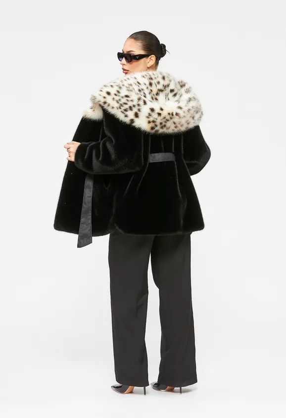 Фото Шуба из эко норки черная с капюшоном из эко рыси - 7