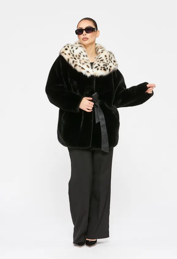 Фото Шуба из эко норки черная с капюшоном из эко рыси - 10