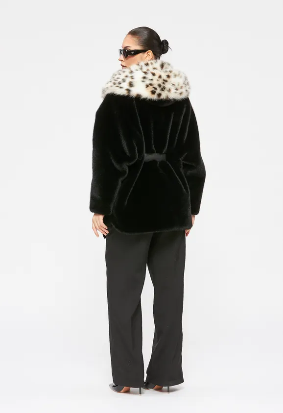 Фото Шуба из эко норки черная с капюшоном из эко рыси - 5