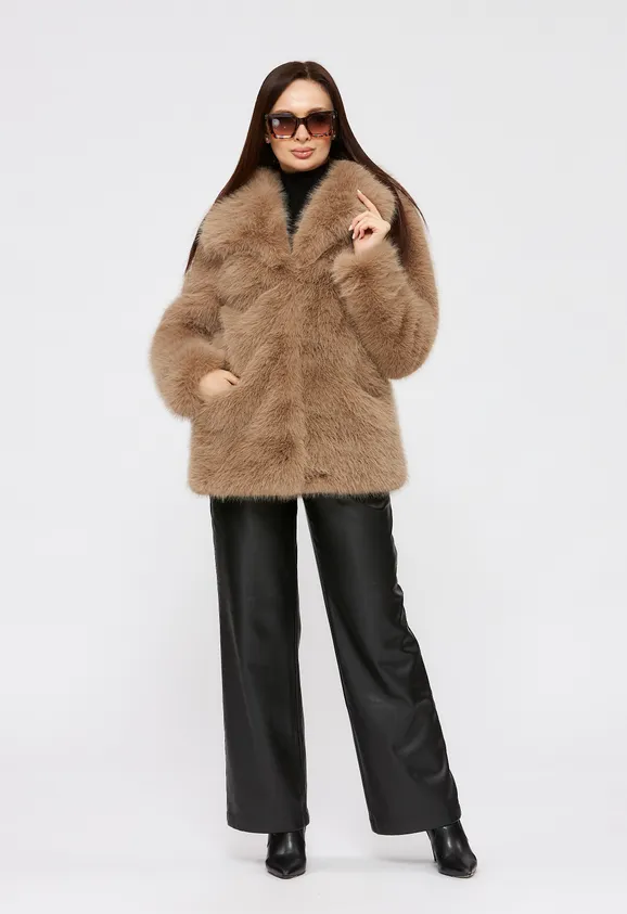 Фото Шуба из эко песца капучино с воротником - 6