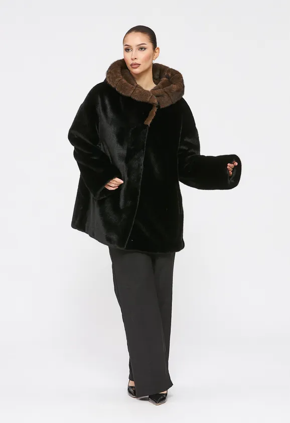 Фото Шуба из эко норки черная с капюшоном - 2
