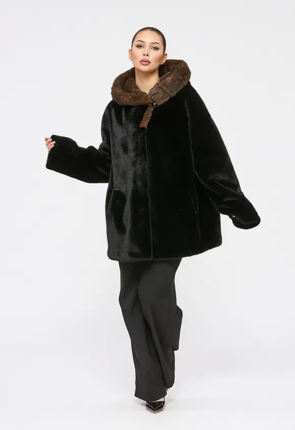 Фото Шуба из эко норки черная с капюшоном - 8