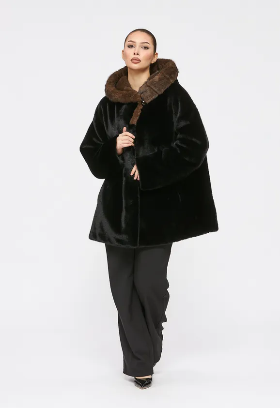 Фото Шуба из эко норки черная с капюшоном - 3