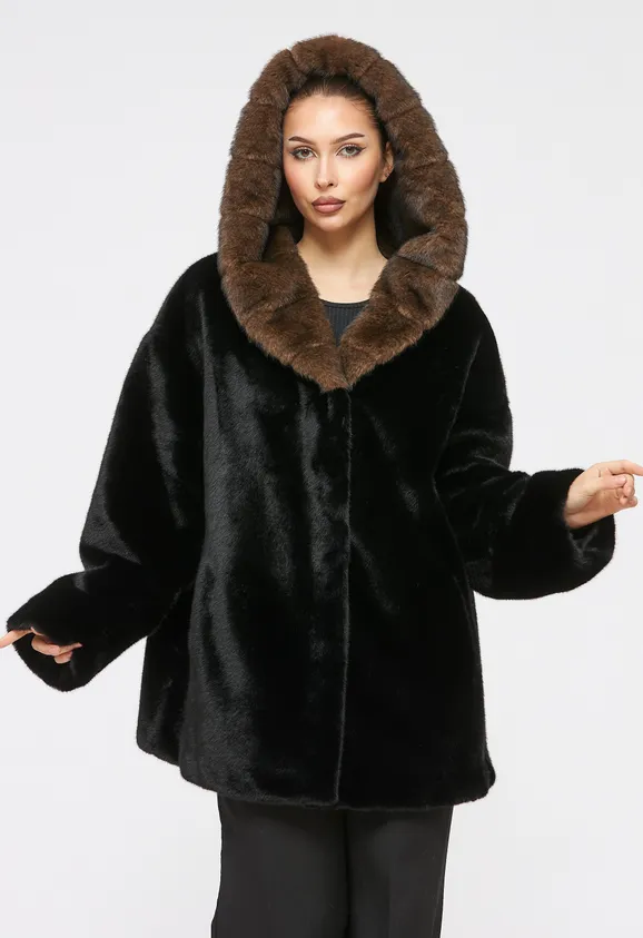 Фото Шуба из эко норки черная с капюшоном - 1