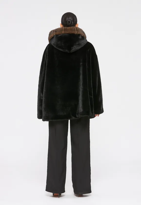 Фото Шуба из эко норки черная с капюшоном - 7