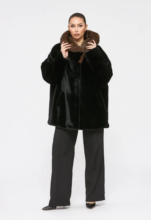 Фото Шуба из эко норки черная с капюшоном - 9