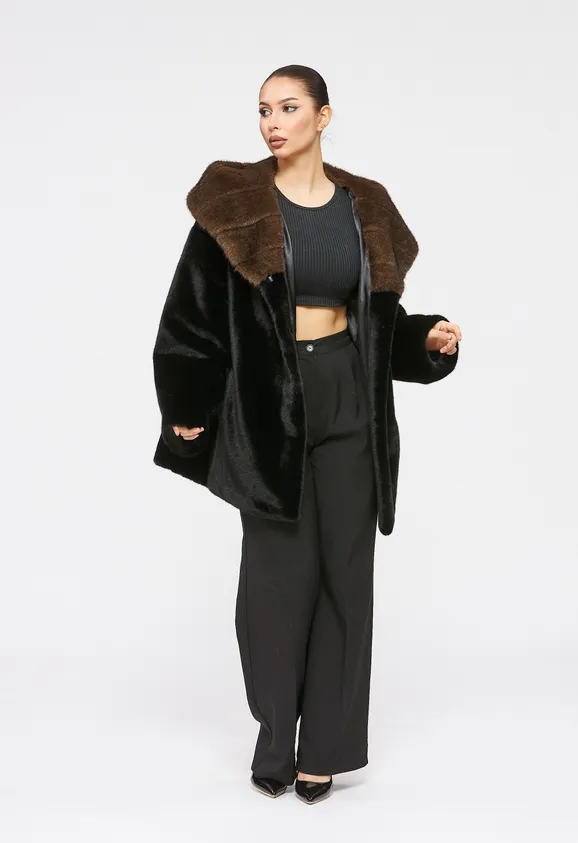 Фото Шуба из эко норки черная с капюшоном - 6