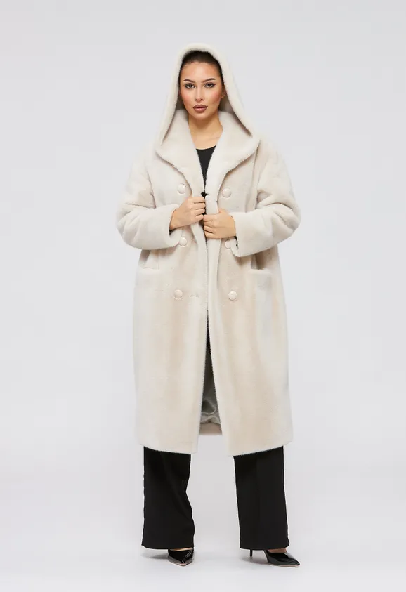 Фото Шуба из эко норки цвета жемчуг с капюшоном - 8