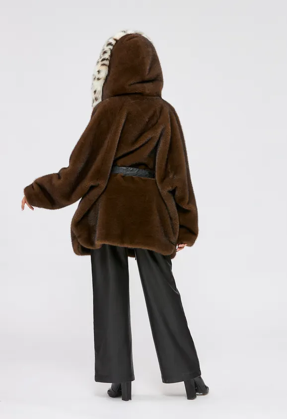 Фото Шуба из эко норки махагон с капюшоном из эко рыси - 9