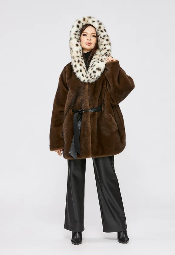 Фото Шуба из эко норки махагон с капюшоном из эко рыси - 3