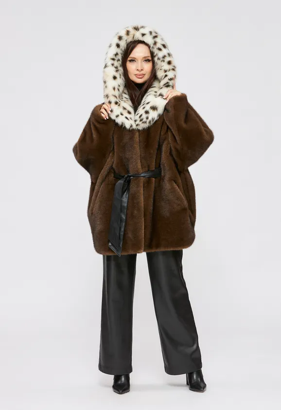 Фото Шуба из эко норки махагон с капюшоном из эко рыси - 6