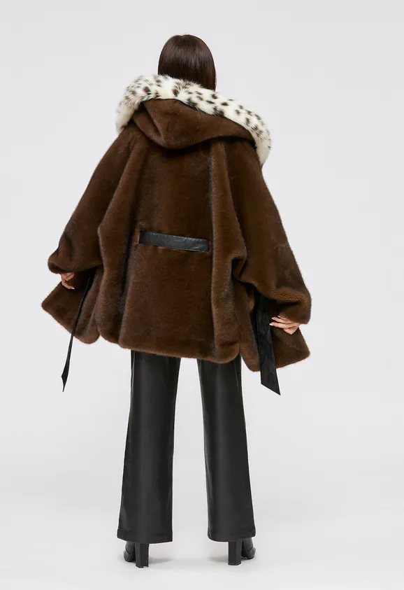 Фото Шуба из эко норки махагон с капюшоном из эко рыси - 10