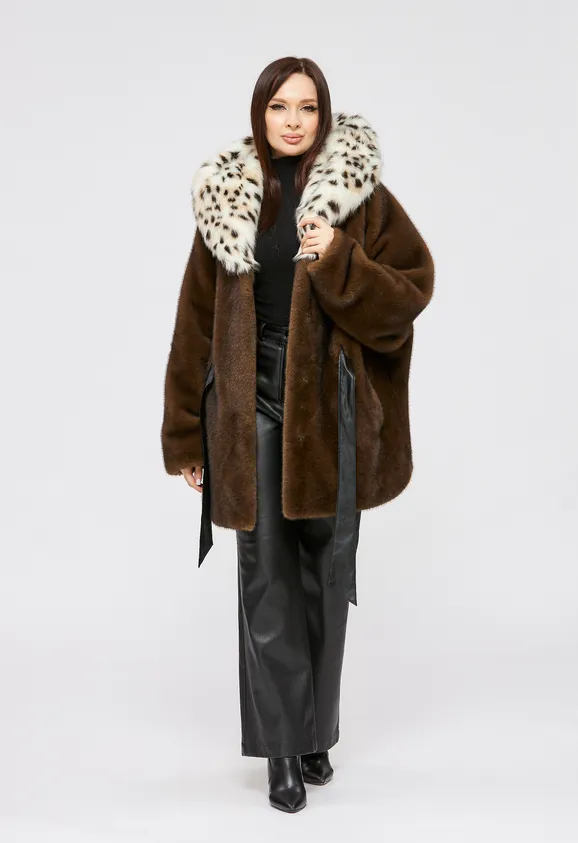 Фото Шуба из эко норки махагон с капюшоном из эко рыси - 5