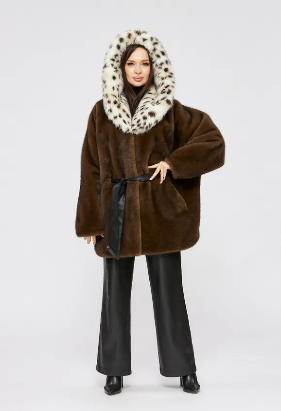 Фото Шуба из эко норки махагон с капюшоном из эко рыси - 1