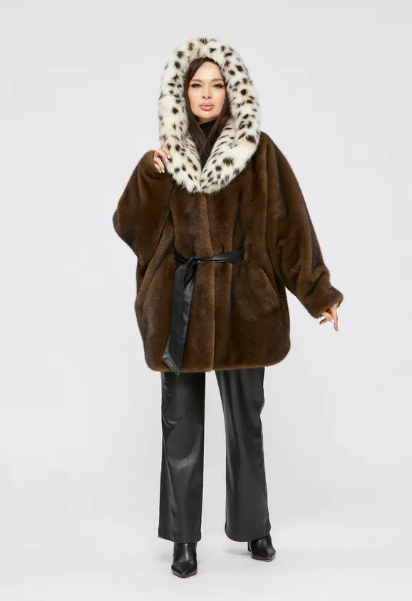 Фото Шуба из эко норки махагон с капюшоном из эко рыси - 2