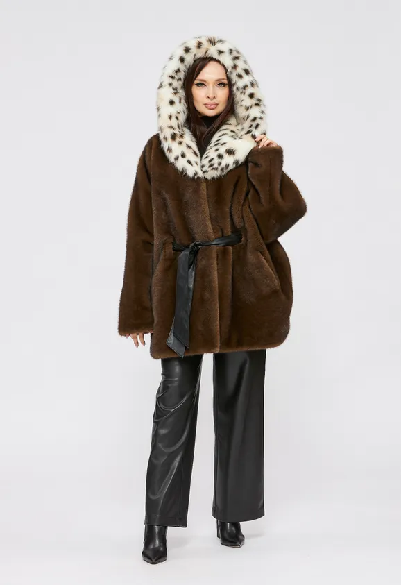 Фото Шуба из эко норки махагон с капюшоном из эко рыси - 4