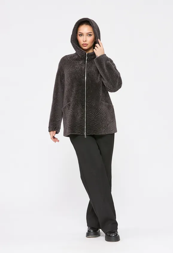 Фото Шуба из натурального астрагана мокко с капюшоном - 3