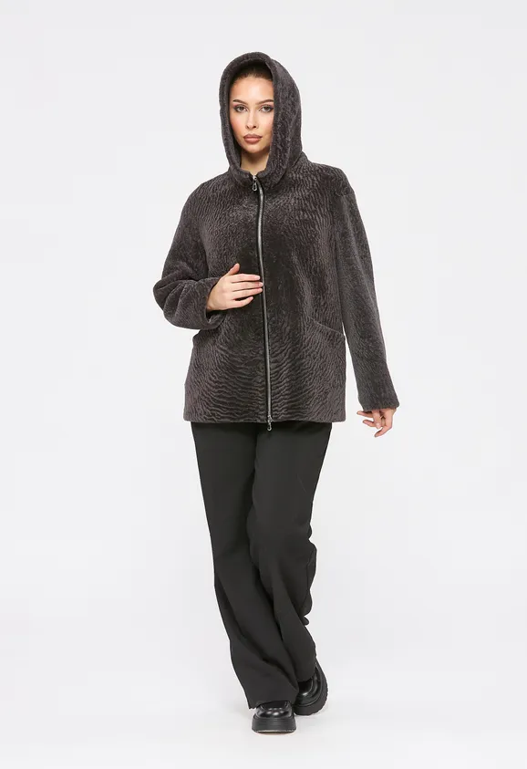 Фото Шуба из натурального астрагана мокко с капюшоном - 6