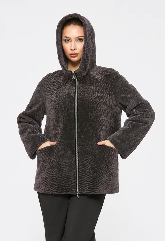 Фото Шуба из натурального астрагана мокко с капюшоном - 7