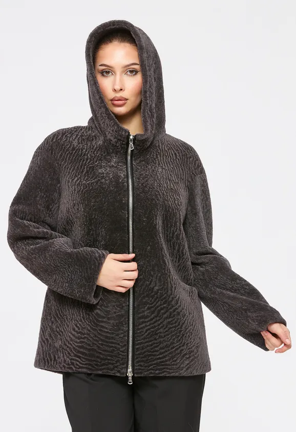 Фото Шуба из натурального астрагана мокко с капюшоном - 4