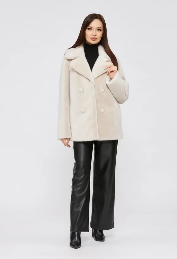 Фото Шуба из эко норки цвета жемчуг с английским воротником - 5