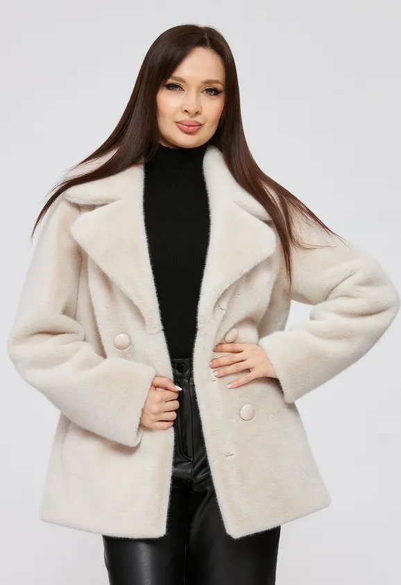 Фото Шуба из эко норки цвета жемчуг с английским воротником - 1