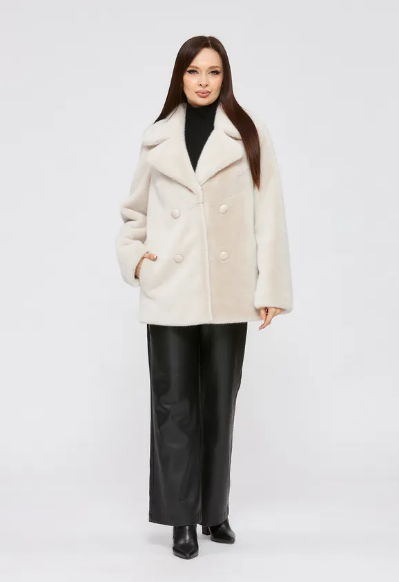 Фото Шуба из эко норки цвета жемчуг с английским воротником - 6