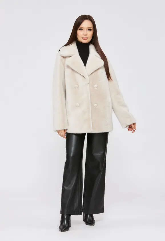 Фото Шуба из эко норки цвета жемчуг с английским воротником - 8