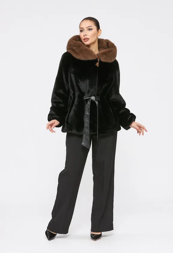 Фото Шуба из эко норки черная с капюшоном - 2