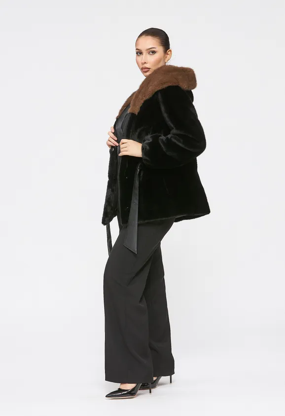 Фото Шуба из эко норки черная с капюшоном - 5