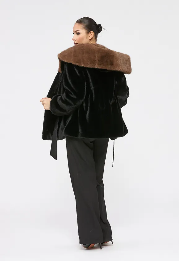 Фото Шуба из эко норки черная с капюшоном - 4