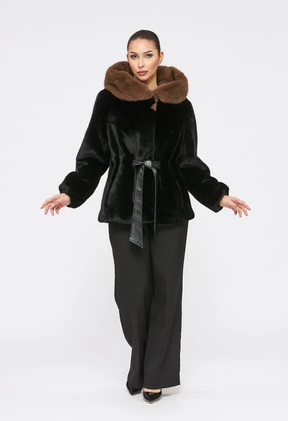 Фото Шуба из эко норки черная с капюшоном - 9