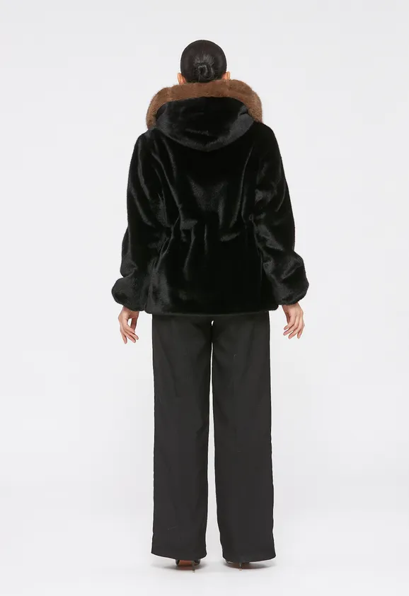 Фото Шуба из эко норки черная с капюшоном - 6