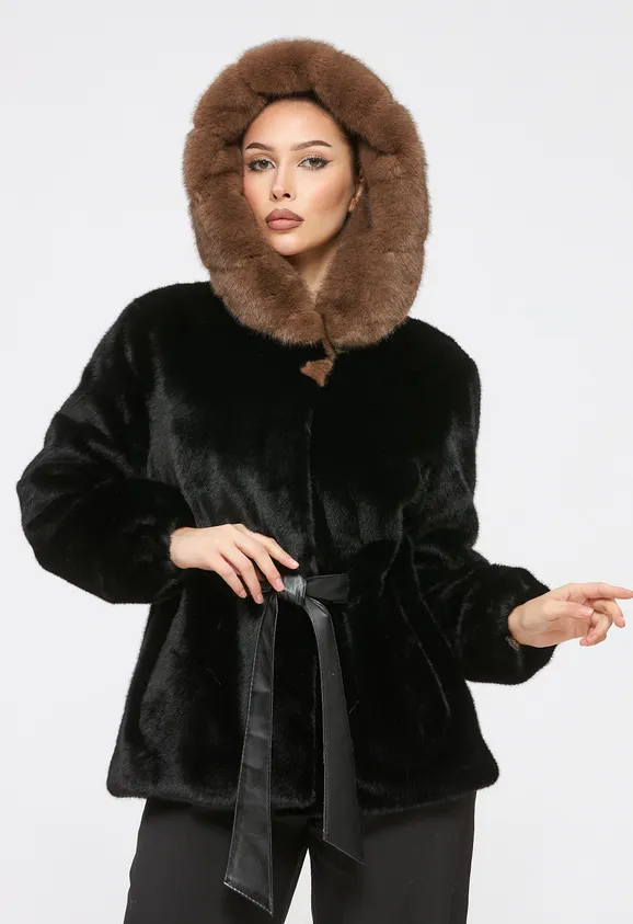 Фото Шуба из эко норки черная с капюшоном - 1