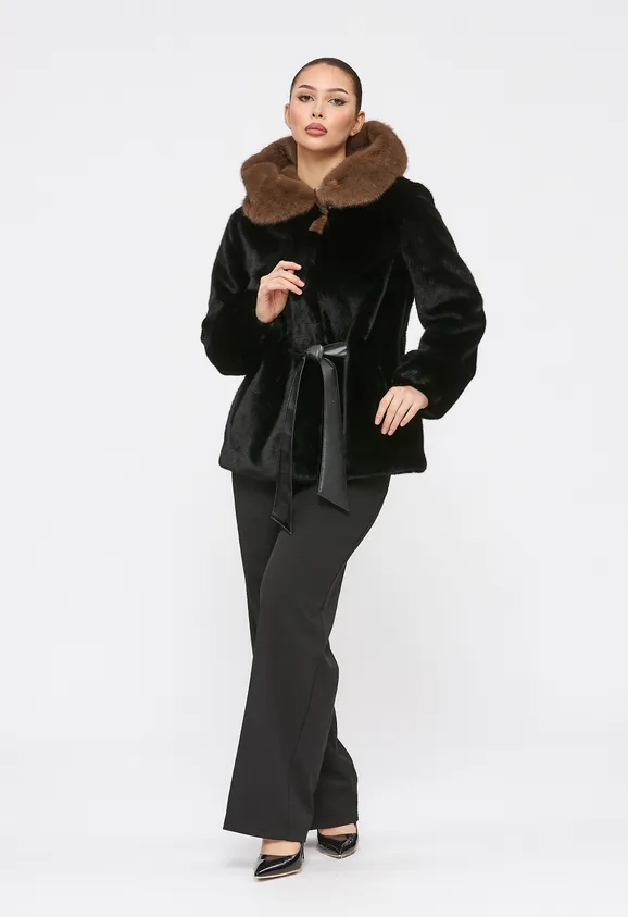 Фото Шуба из эко норки черная с капюшоном - 7