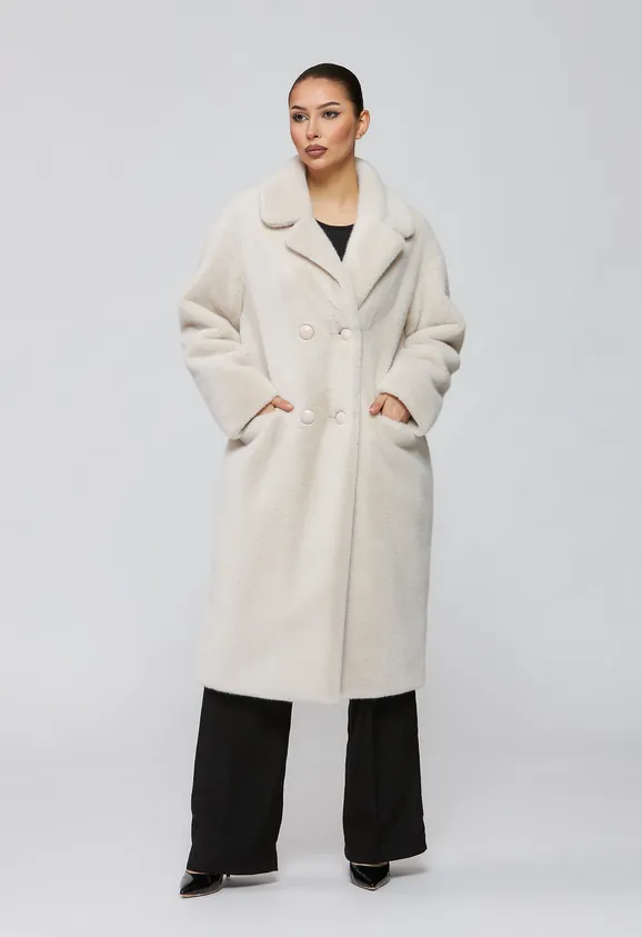 Фото Шуба из эко норки цвета жемчуг с английским воротником - 8