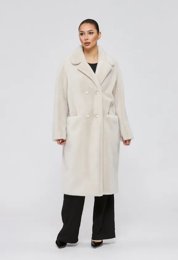 Фото Шуба из эко норки цвета жемчуг с английским воротником - 9