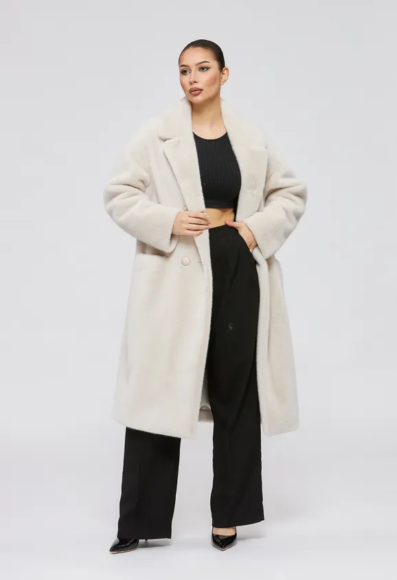 Фото Шуба из эко норки цвета жемчуг с английским воротником - 7