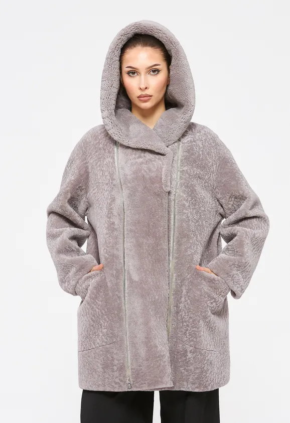 Фото Шуба из натурального астрагана керли лаванда с капюшоном - 7