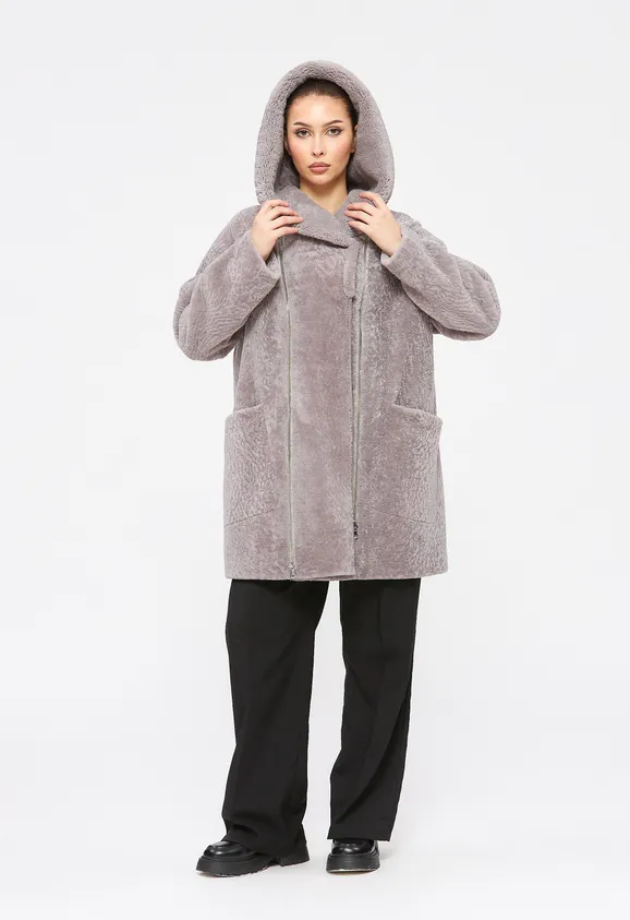 Фото Шуба из натурального астрагана керли лаванда с капюшоном - 3